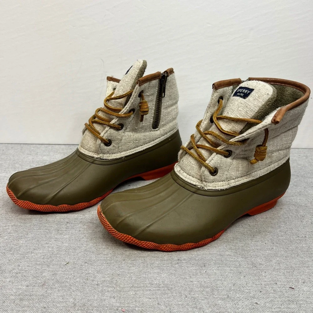 Sperry Saltwater Duck Boots Olive Green Oatmeal Canvas Orange Sole Womens 7.5
